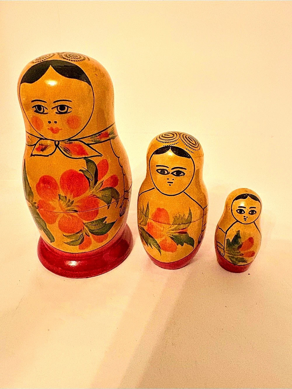 Vintage USSR 3-Piece Matryoshka Nesting Dolls Set of 3 Orange & Red